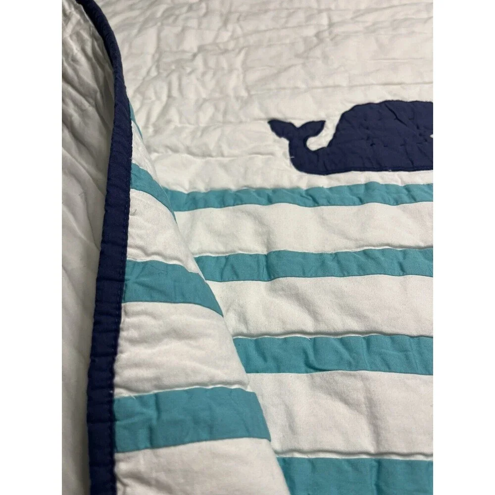 Pottery Barn Kids Hamptons Whale White Teal Baby Blue Toddler Crib Quilt 36x50”